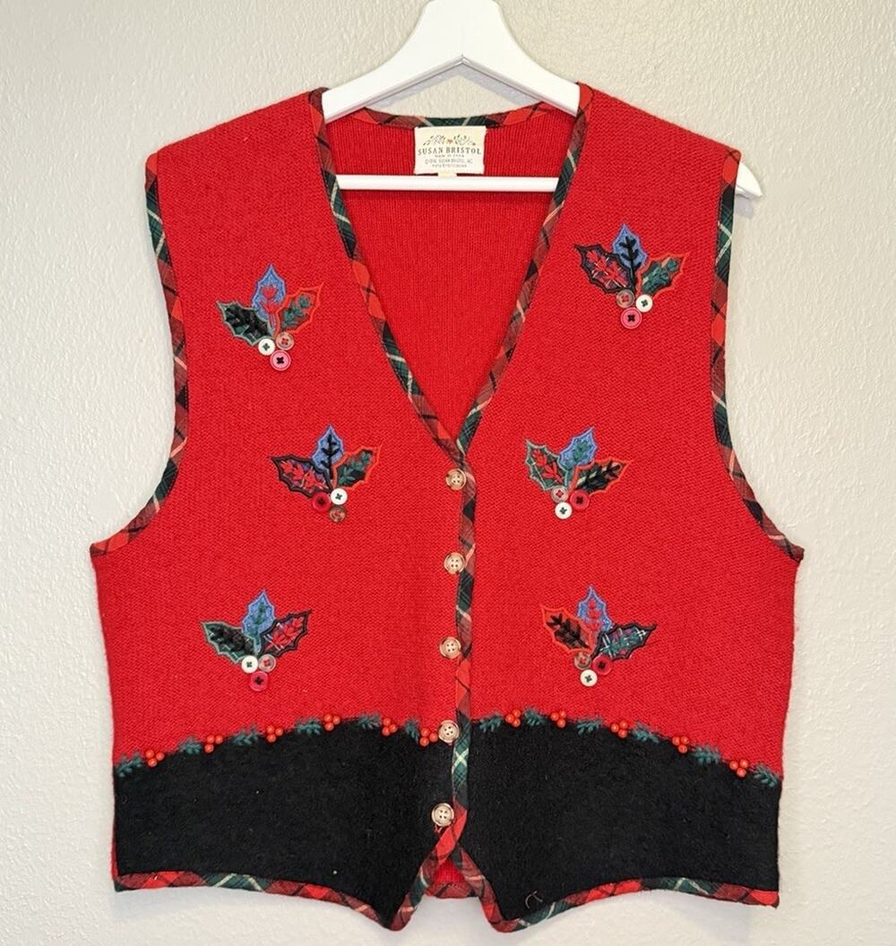 Vintage Susan Bristol Christmas Vest Red Wool Hand Embroidered Holly Plaid XL